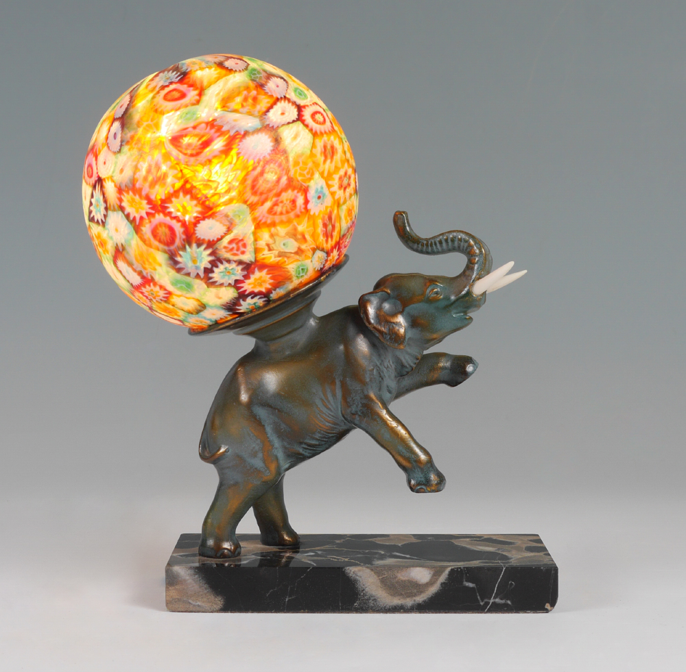 Appraisal: ART DECO FIGURAL BRONZE ELEPHANT LAMP Patinated bronze elephant on