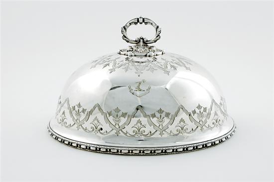 Appraisal: English Victorian silverplate game dome circa floral and strap ornamental