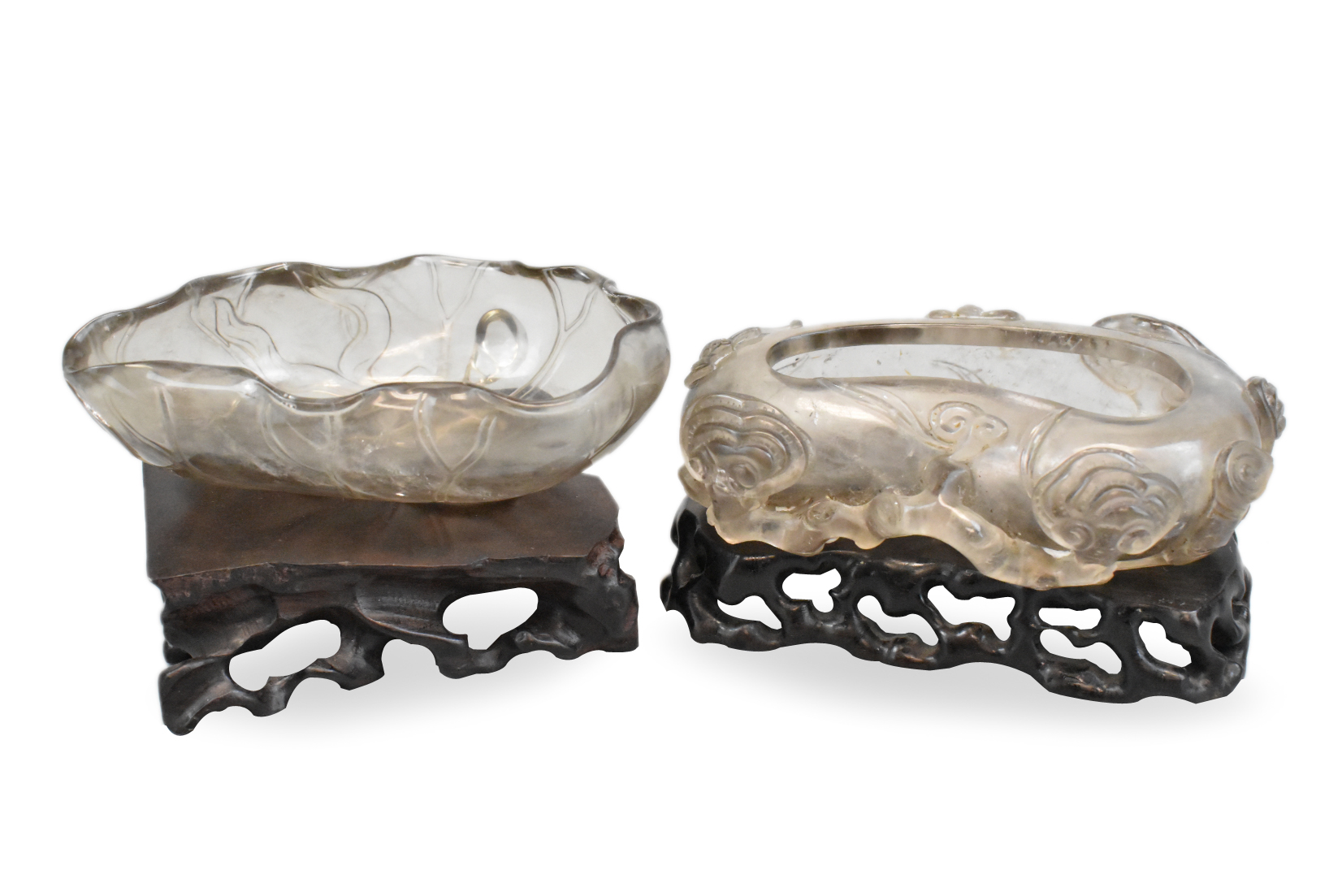 Appraisal: Two Chinese rock crystal washers on wooden stands Both washers