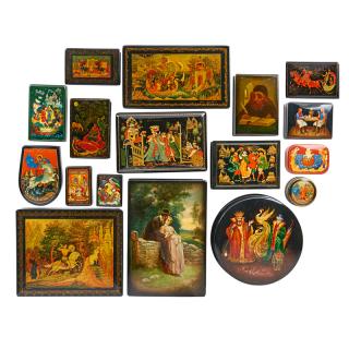 Appraisal: RUSSIAN LACQUER BOXES Seventeen Varying shapes and sizes some Fedoskino