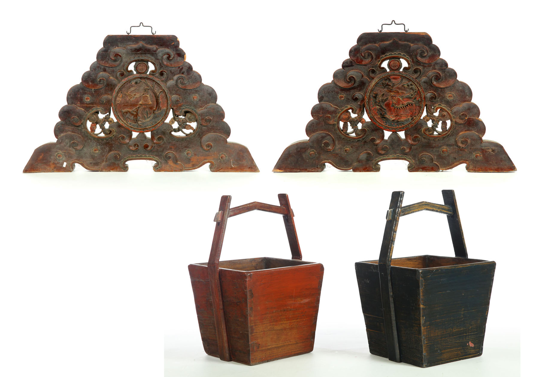 Appraisal: PAIR OF ARCHITECTURAL PANELS AND TWO WORK BUCKETS China th-