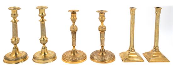 Appraisal: Sale Lot Three Pairs of Continental Gilt Metal Candlesticks comprising