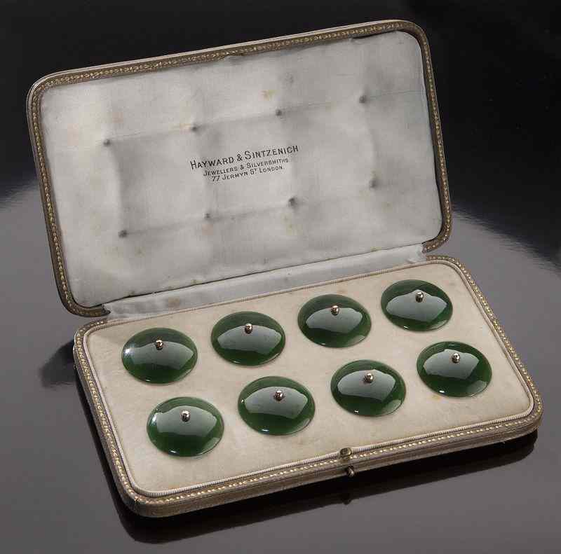 Appraisal: Chinese spinach jade and gold buttons from Hayward and Sintzenich