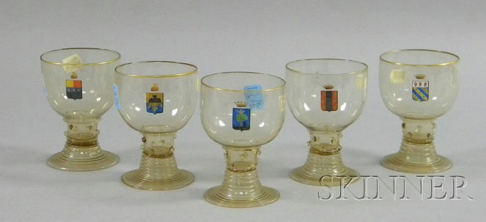 Appraisal: Five Gold-rimmed Bohemian Goblets with Enameled Crest Decoration ht in