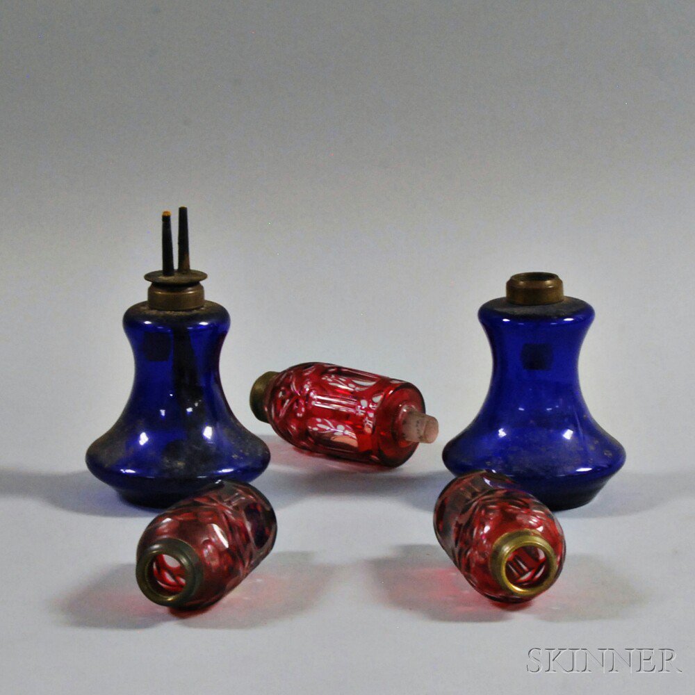 Appraisal: Five Colored Glass Lamps th century a pair of cobalt