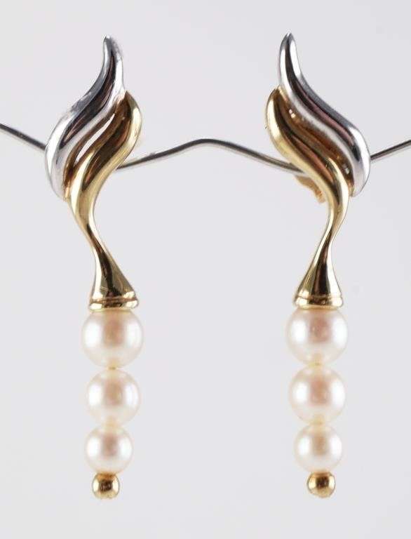 Appraisal: K gold yellow and white earrings with three round pearls