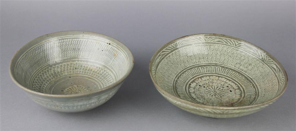 Appraisal: TWO PUN'CHONG CELADON-GLAZED BOWLS the first with incised character mark