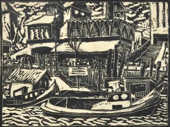 Appraisal: Oskar Kehr-Steiner German - Moored Boats wood cut x cm