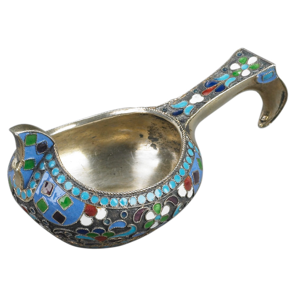 Appraisal: Russian Cloisonn Enameled Silver-Gilt Small Kovsh Moscow c - maker