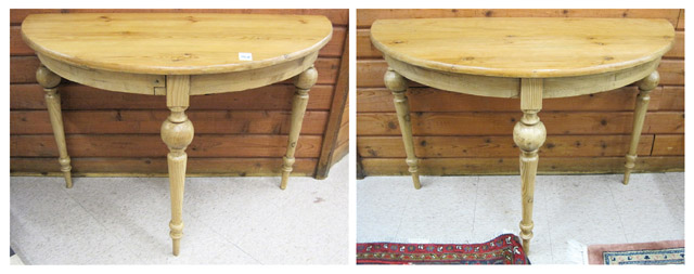 Appraisal: PAIR OF PINE DEMILUNE CONSOLE TABLES English th century style