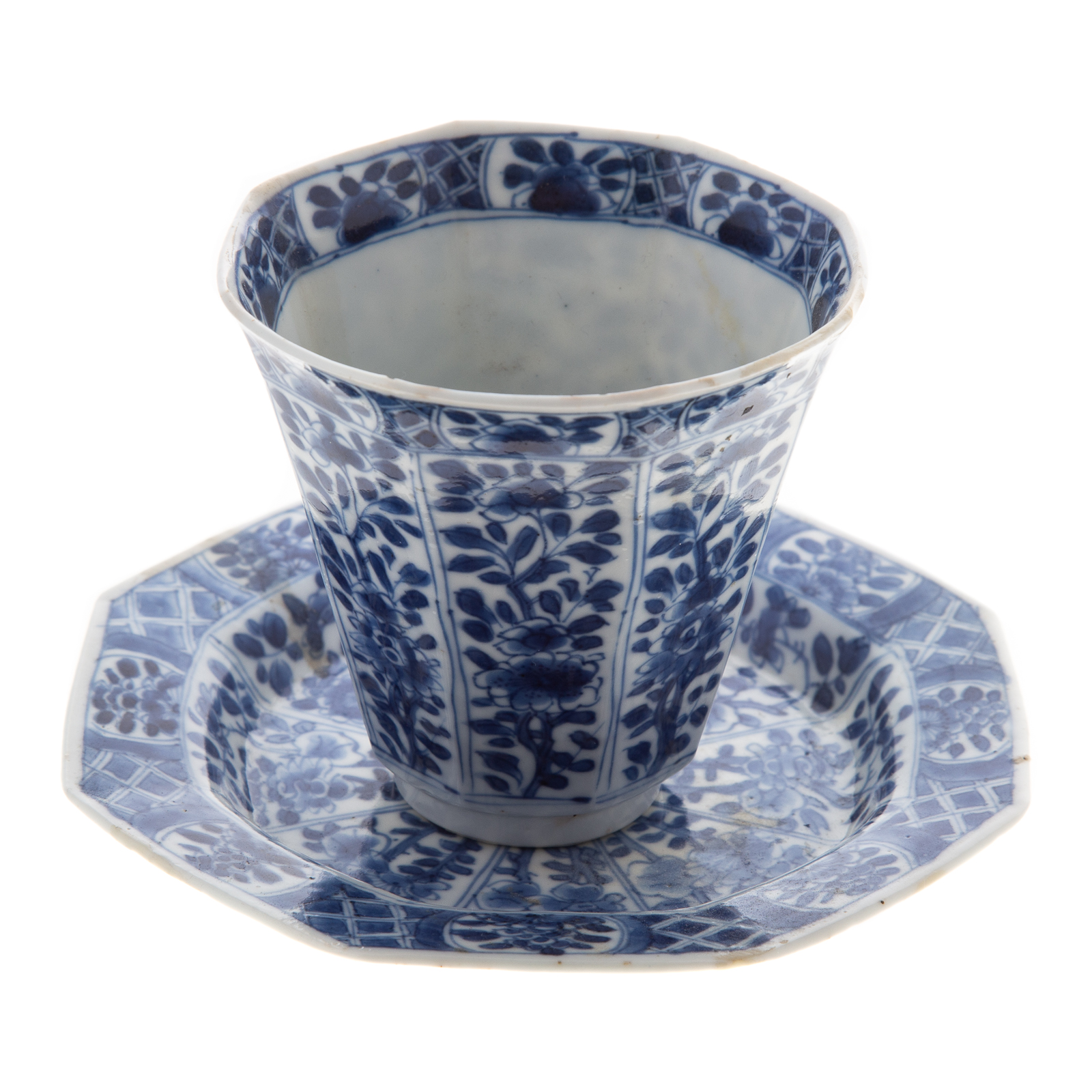 Appraisal: CHINESE EXPORT BLUE WHITE WINE CUP SAUCER Kang Xi circa