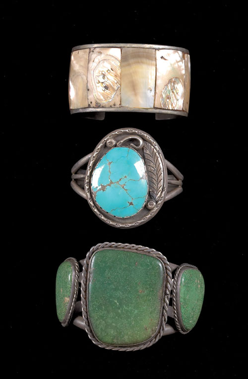 Appraisal: Navajo silver cuff with three large turquoise stones impressed R