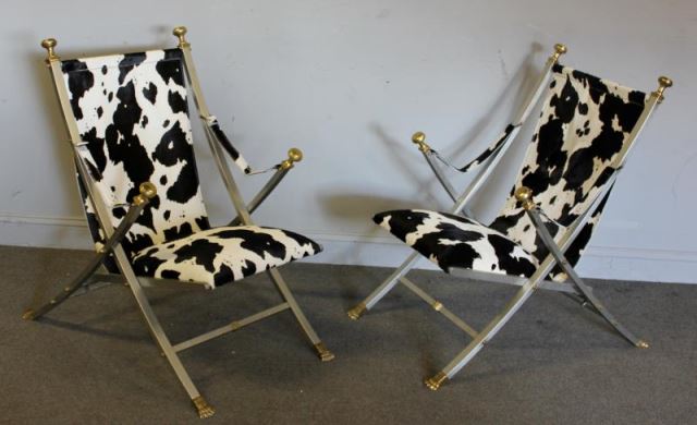 Appraisal: Pair Quality Midcentury Steel and BrassFolding Campaign Style Arm Chairs