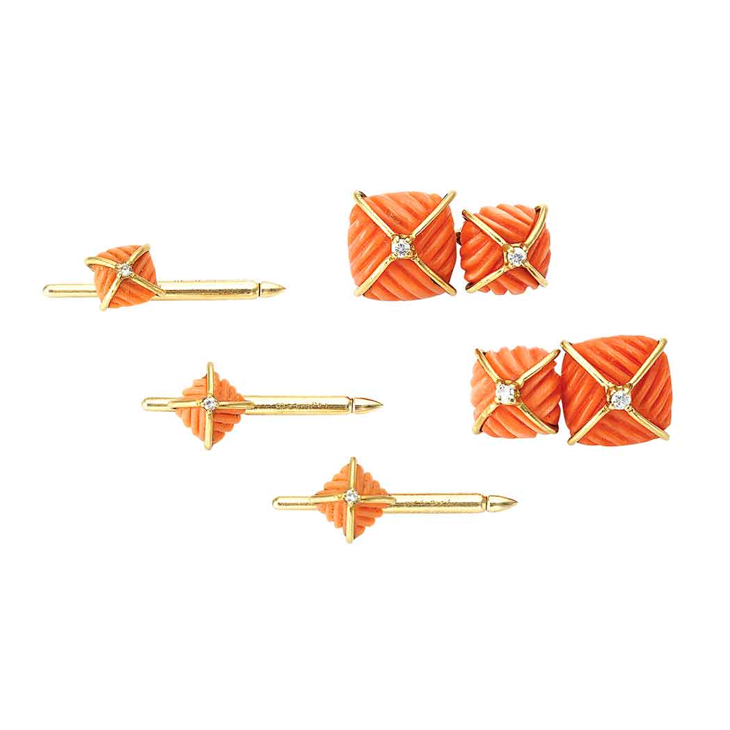 Appraisal: Gentleman's Gold Carved Coral and Diamond Dress Set kt gold