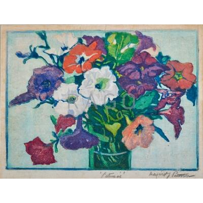 Appraisal: MARGARET PATTERSON - Woodblock print Petunias framed Boston MA Signed