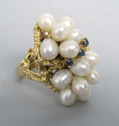 Appraisal: K yellow gold pearl and sapphire ring with rice pearls