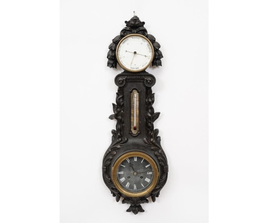 Appraisal: Cast iron English wall clock barometer and thermometer by J