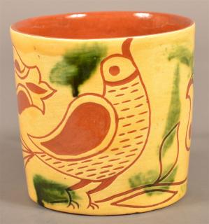 Appraisal: Breininger Redware Bird and Tulip Sgrafitto Mug Breininger Redware Pottery