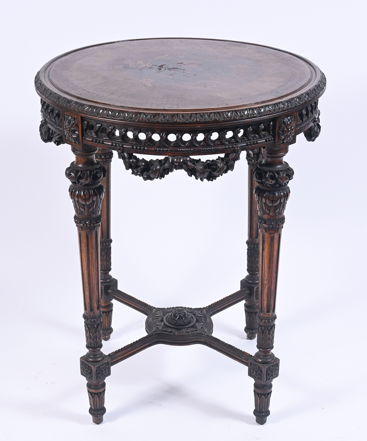 Appraisal: MARQUETRY INLAID CARVED TABLE Marquetry inlaid top over an elaborately