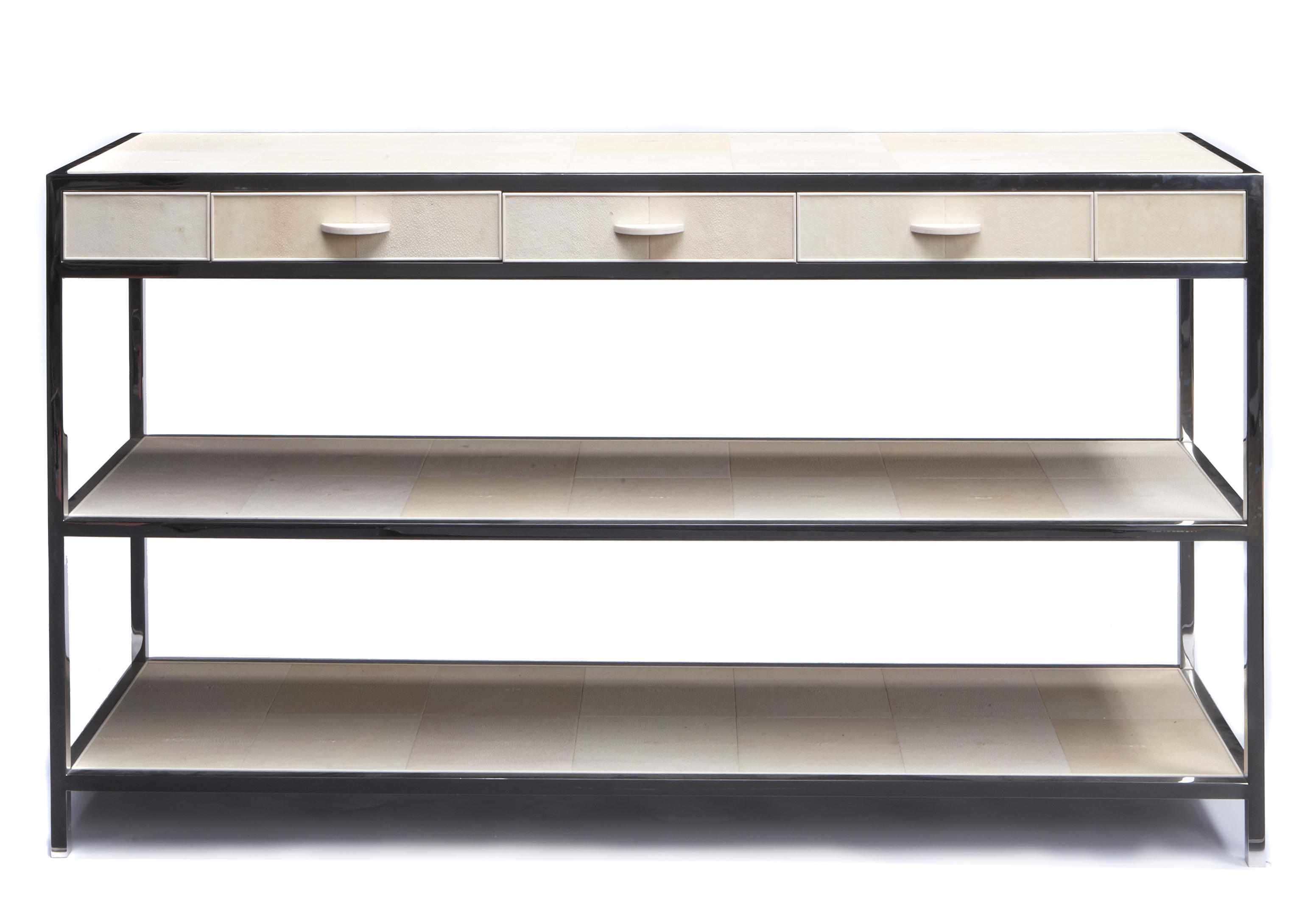 Appraisal: An Italian chromed steel shagreen and exotic wood console height