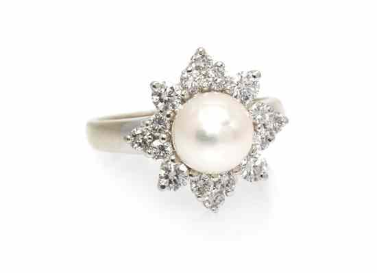 Appraisal: A Karat White Gold Cultured Pearl and Diamond Ring containing