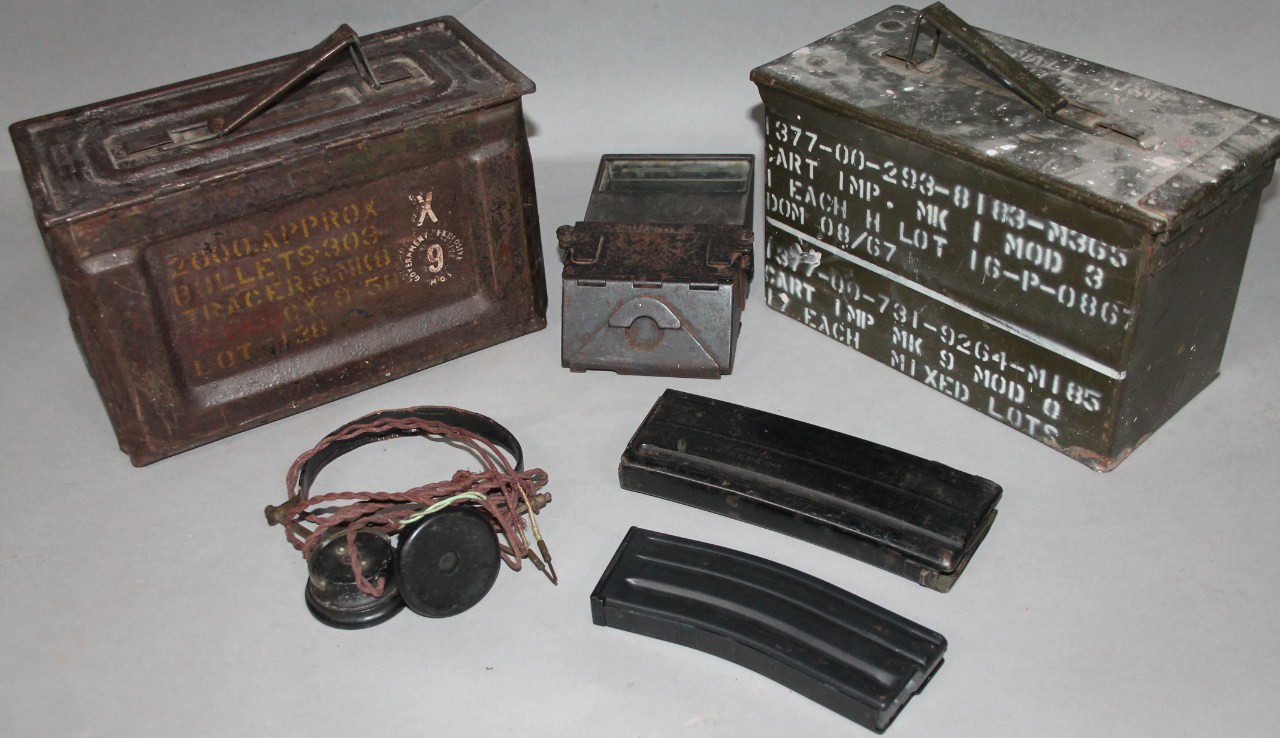 Appraisal: Various war related equipment etc to include two ammunition tins