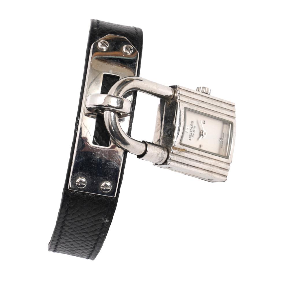 Appraisal: HERMES KELLY LOCK WATCH WITH BLACK LEATHER BANDHermes Kelly Lock