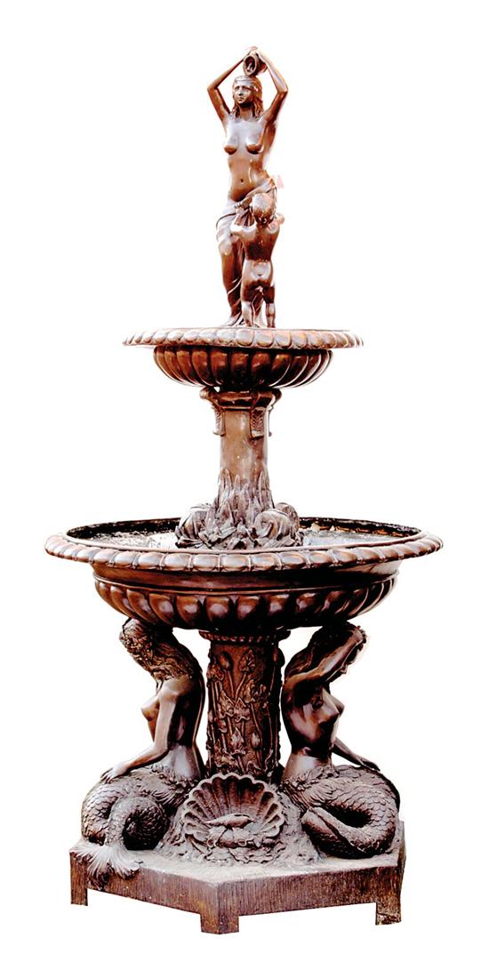 Appraisal: Continental bronze figural mermaid fountain tiered basins held aloft by