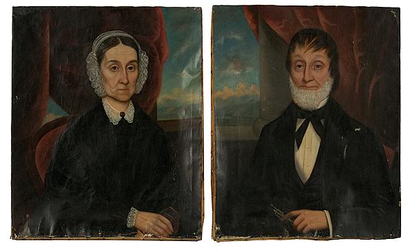 Appraisal: FOLK ART PORTRAITS OF ELDERLY COUPLE American purportedly Poughkeepsee NY