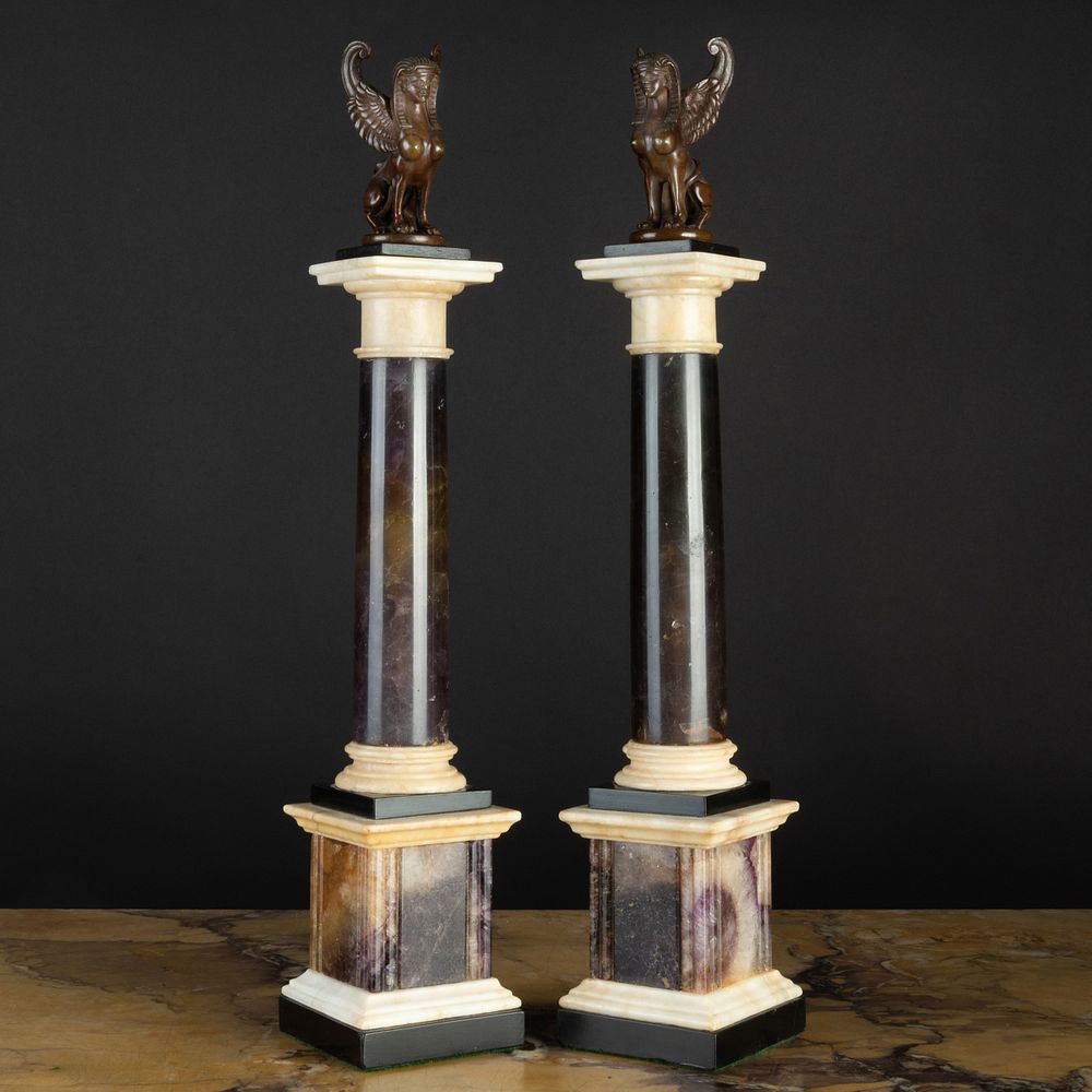 Appraisal: Pair of Patinated Bronze-Mounted Blue John and Marble Columns Each