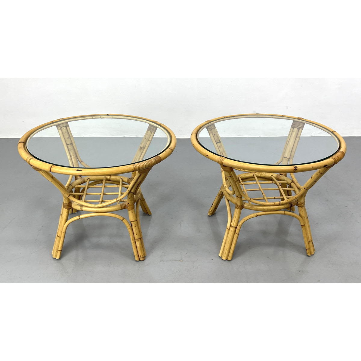 Appraisal: Pair Rattan Wicker Side Table with Glass Tops Dimensions H