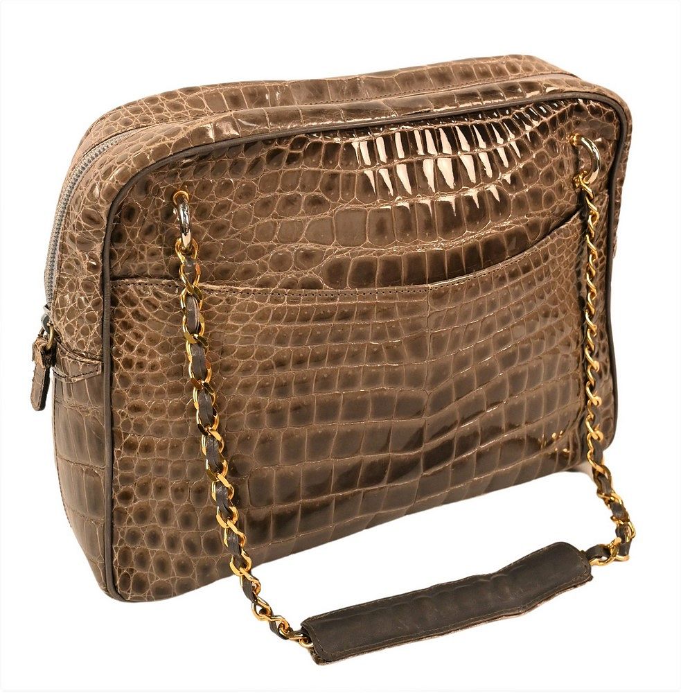 Appraisal: OGGI Crocodile Handbag olive green having single compartment grey leather