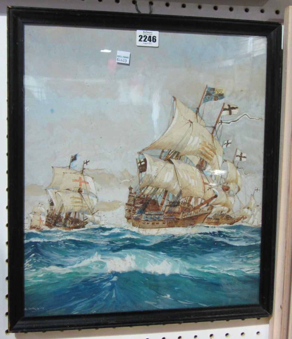 Appraisal: S Drigin early th century Naval Fleet in full sail