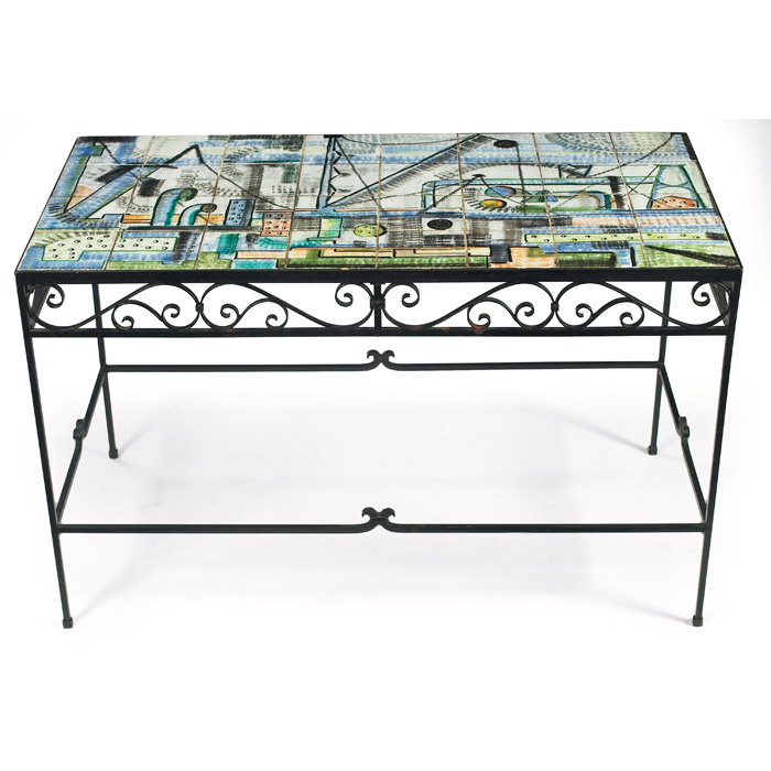 Appraisal: Midcentury tile-top table wrought-iron frame supports a rectangular top of