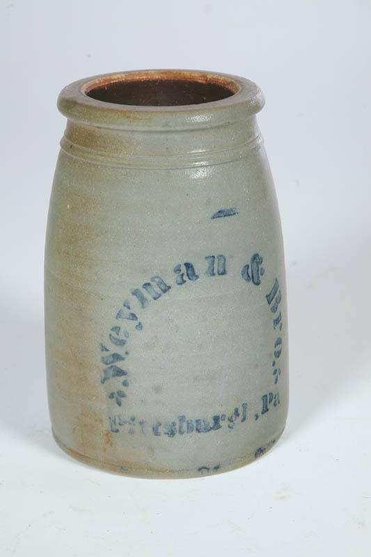 Appraisal: STONEWARE JAR Cobalt-stenciled mark for Weyman and Brother Pittsburgh Pennsylvania