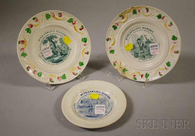 Appraisal: Three Transfer-decorated Franklin's Maxims Pottery Children's Plates Staffordshire England early