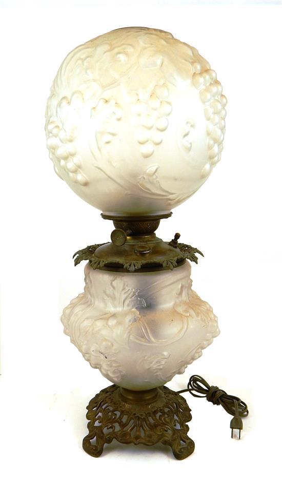 Appraisal: Brass oil lamp with frosted glass globe shade and lamp