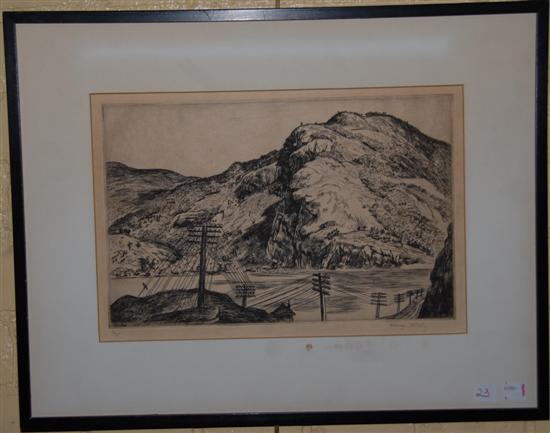 Appraisal: HARRY WICKEY AMERICAN - Etching Hilly river landscape Pencil signed