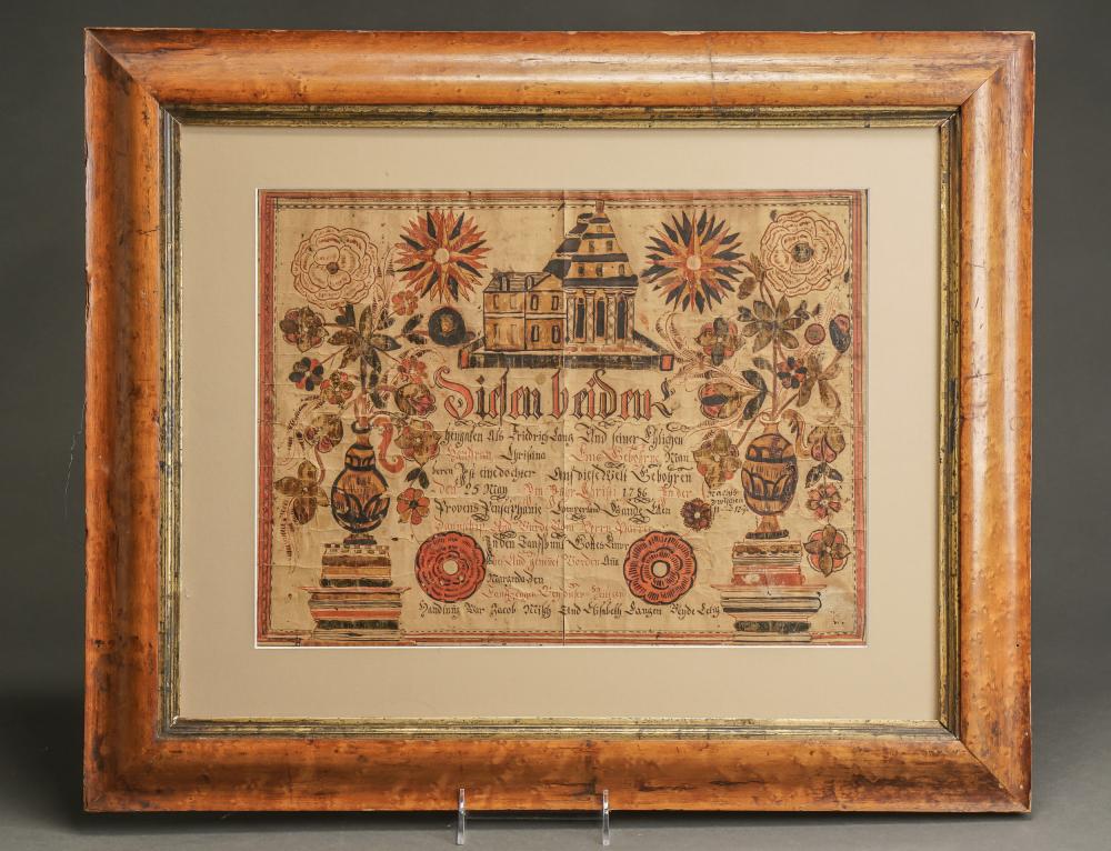 Appraisal: AMERICAN WATERCOLOR AND INK ON PAPER TAUFSCHEINE FRAKTUR FOR SIDEN