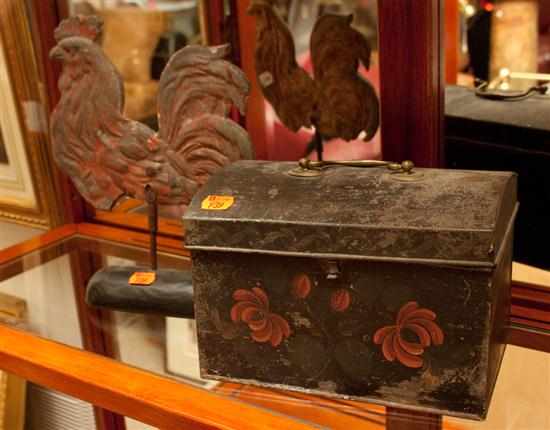 Appraisal: American toleware document box and a painted sheet tin rooster