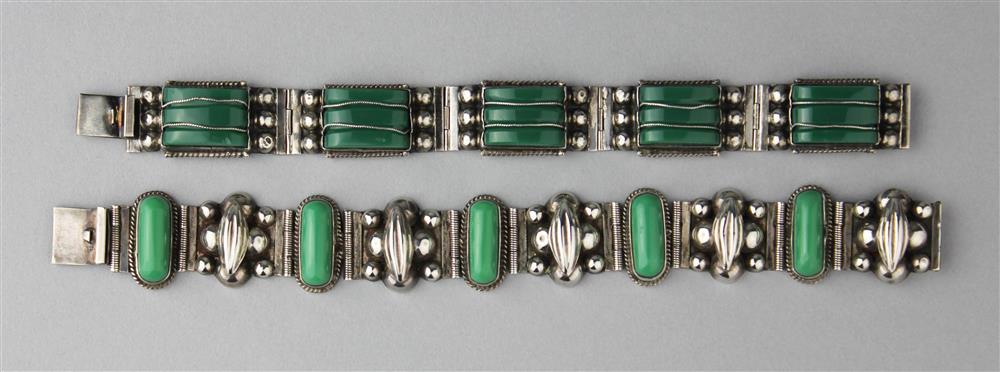 Appraisal: TWO VINTAGE MEXICAN SILVER BRACELETS the first with lozenge-shaped green