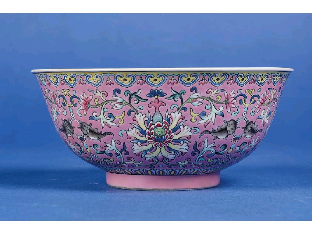 Appraisal: A CHINESE BOWL enamelled in polychrome with fish lotus flowers