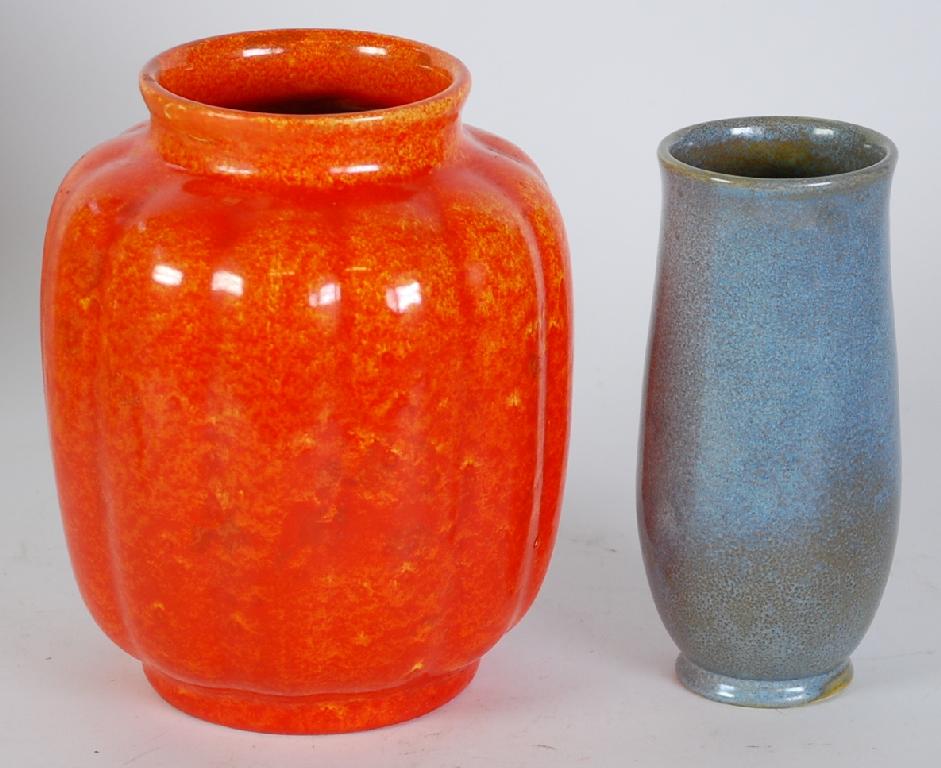 Appraisal: ROYAL LANCASTRIAN POTTERY ORANGE VERMILLION MONOCHROME GLAZED MELON SHAPE VASE