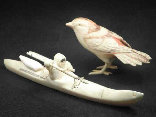 Appraisal: Aloysius Pikonganna carved ivory Eskimo kayaker figurine Depicts an Eskimo