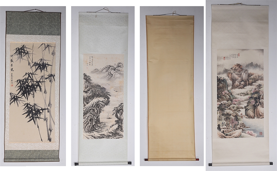 Appraisal: Group of four Chinese wall scrolls three mounted with paintings