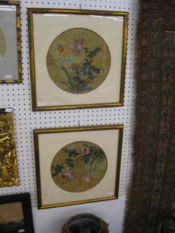 Appraisal: Pair of Oriental Watercolors butterfly floral '' diameter signed Yo