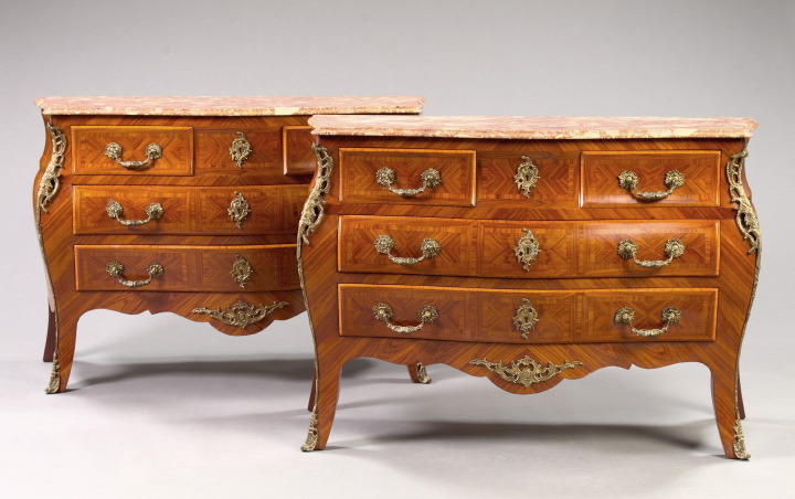 Appraisal: Pair of Regence-Style Kingwood and Marble-Top Commodes each with a