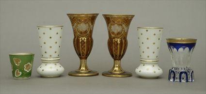 Appraisal: Pair of Moser-Style Engraved and Gilt Amber-Flashed Glass Vases Together