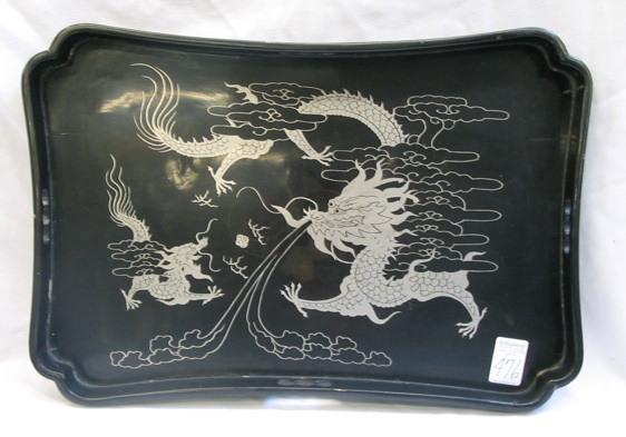 Appraisal: A JAPANESE LACQUER SERVING TRAY having silver Asian motif handles