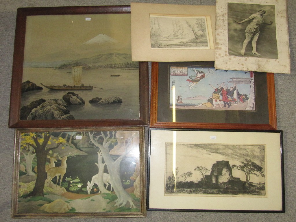 Appraisal: Lot comprising a Japanese watercolour on silk two reproduction prints